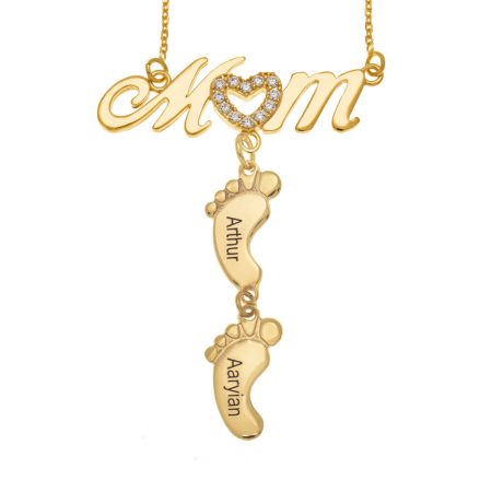 Inlay Mom Necklace With Baby Feet in 18K Gold Plating
