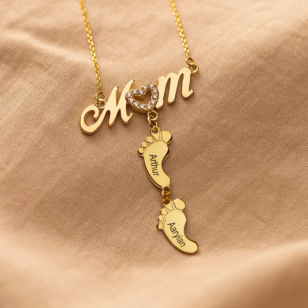 Inlay Mom Necklace With Baby Feet-4