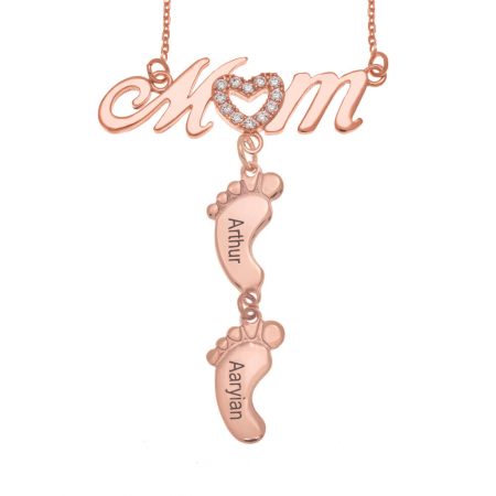 Inlay Mom Necklace With Baby Feet in 18K Rose Gold Plating