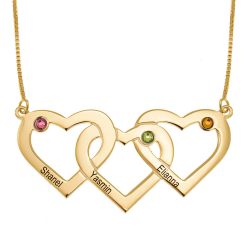 Three Intertwined Hearts and Birthstones Necklace gold