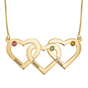 Three Intertwined Hearts and Birthstones Necklace gold
