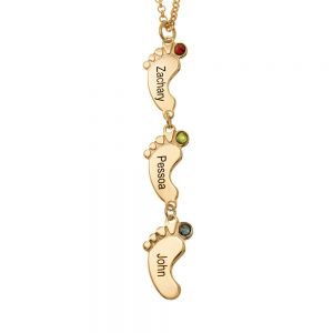Vertical Baby Feet Necklace with Birthstones gold
