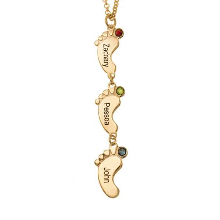 Vertical Baby Feet Necklace with Birthstones in 18K Gold Plating