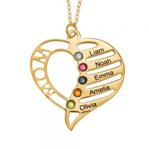 Personalized Mom Heart Necklace with Birthstones gold