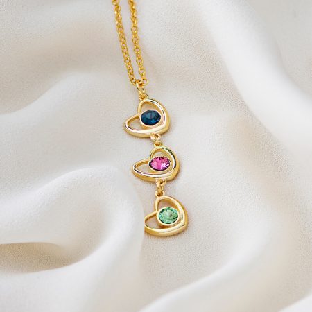 Vertical Hearts Necklace with Birthstones-3