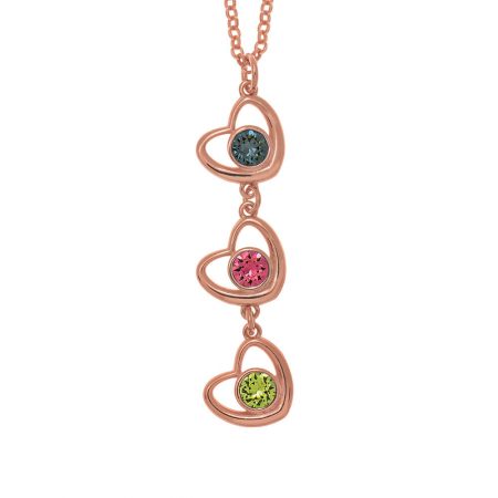 Vertical Hearts Necklace with Birthstones in 18K Rose Gold Plating