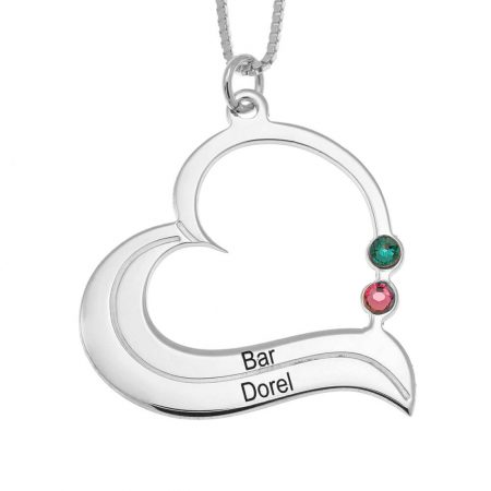 Family Heart Necklace with Birthstones in 925 Sterling Silver
