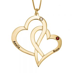Interlocking Hearts and Birthstones Necklace gold