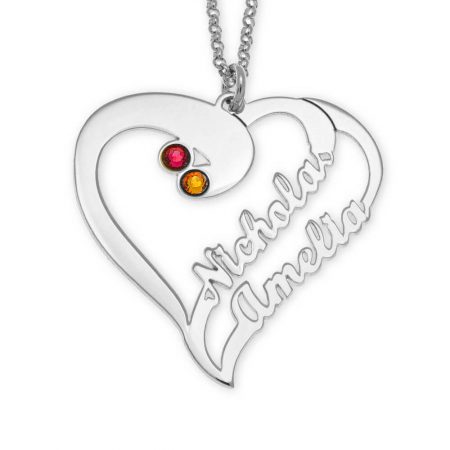 2 Hearts Necklace With Birthstones For Couples in 925 Sterling Silver