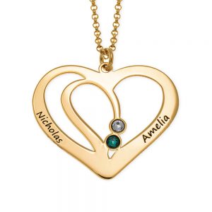 Engraved Couple Heart Necklace with Birthstones gold