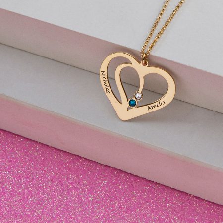 Engraved Couple Heart Necklace with Birthstones-3