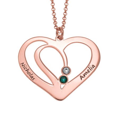 Engraved Couple Heart Necklace with Birthstones in 18K Rose Gold Plating