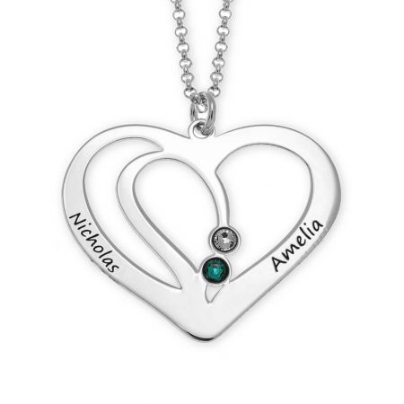 Engraved Couple Heart Necklace with Birthstones in 925 Sterling Silver