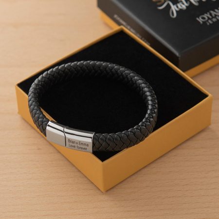 Classic Men's Leather Bracelet - Stainless Steel-3 in Black Leather