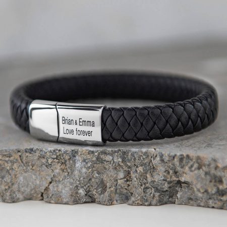 Classic Men's Leather Bracelet - Stainless Steel-2 in Black Leather
