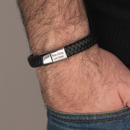 Classic Men's Leather Bracelet - Stainless Steel-1 in Black Leather