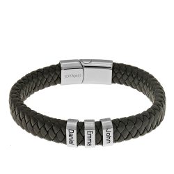 Black Men's Leather Bracelet with Oval Name Beads