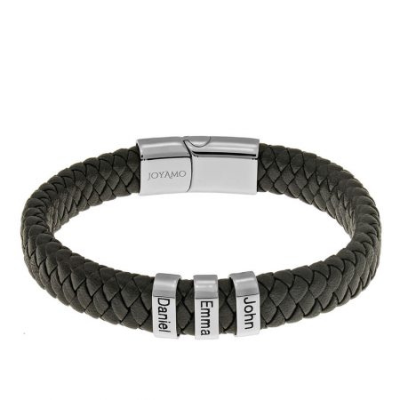 Men’s Leather Bracelet with Oval Name Beads in Black Leather