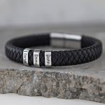 Men's Leather Bracelet with Oval Name Beads-3
