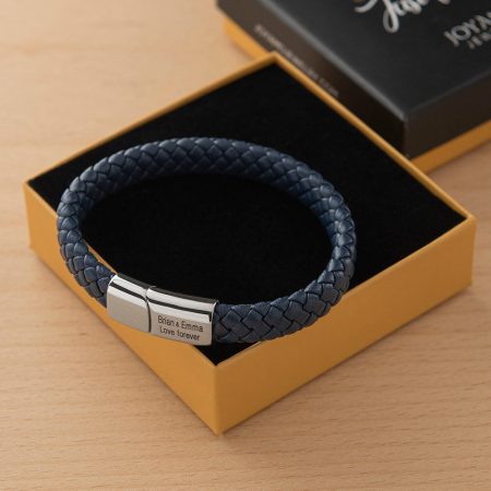 Classic Men's Leather Bracelet - Stainless Steel-3 in Blue Leather