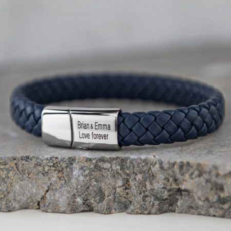 Classic Men's Leather Bracelet - Stainless Steel-2 in Blue Leather