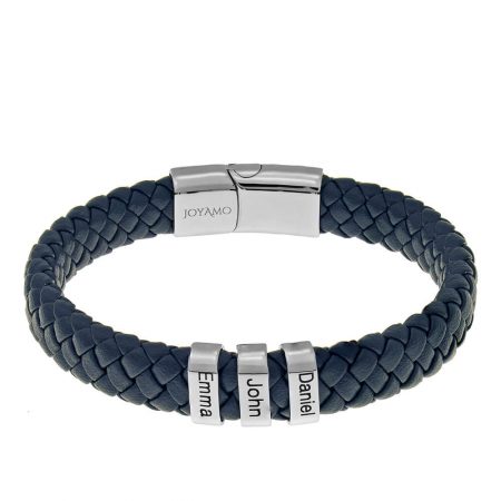 Men's Leather Bracelet with Oval Name Beads in Blue Leather