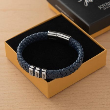 Men's Leather Bracelet with Oval Name Beads-3 in Blue Leather