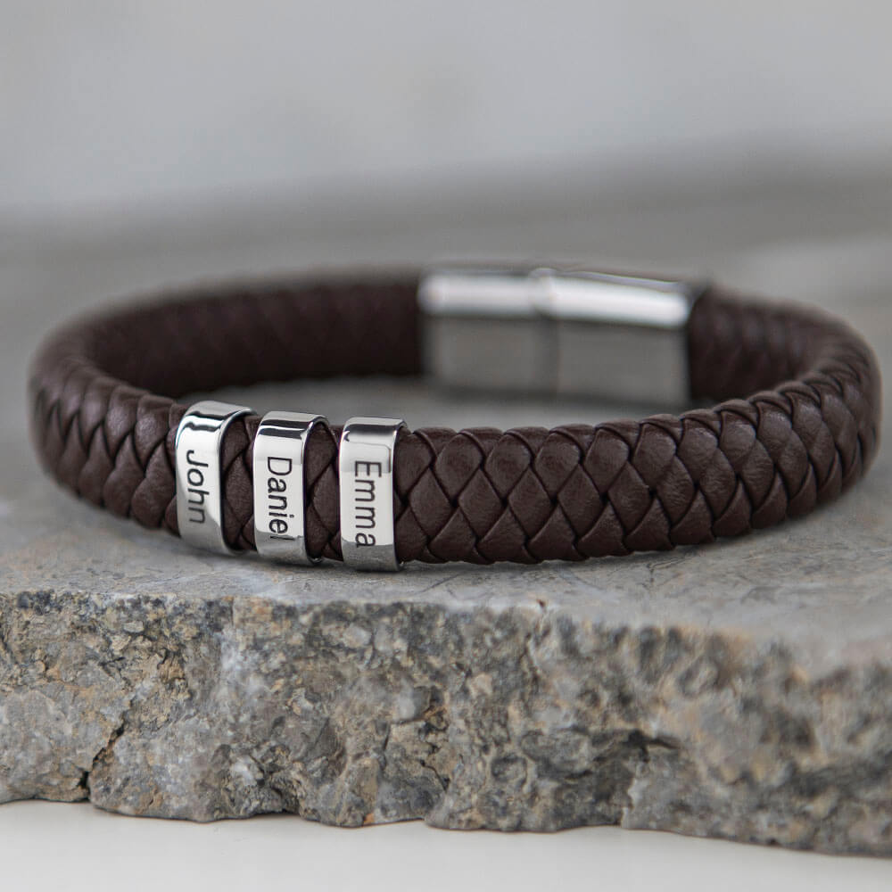 Personalized Men's Leather Bracelet with Oval Name Beads Brown Skin ...