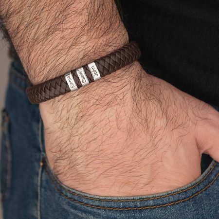 Men's Leather Bracelet with Oval Name Beads-2 in brown Leather