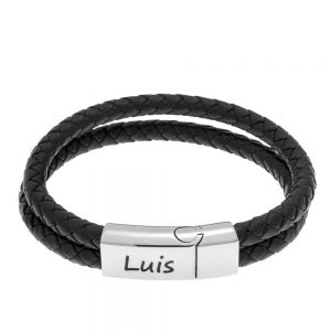 Engraved Bracelet for Men in Stainless Steel and Black Leather 316 Stainless Steel