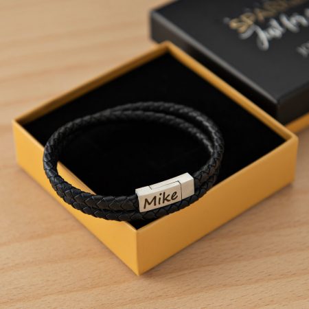 Small Engraved Bracelet for Men in Stainless Steel and Black Leather-2