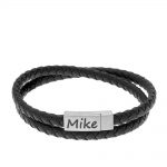 Small Engraved Bracelet for Men in Stainless Steel and Black Leather