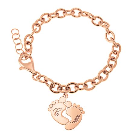 Initial Bracelet with Baby Feet Charm in 18K Rose Gold Plating