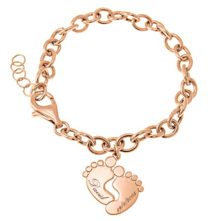 Name Bracelet with Baby Feet & Link Chain in 18K Rose Gold Plating