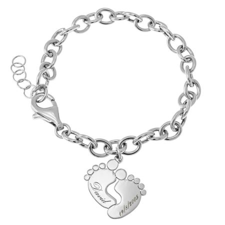 Name Bracelet with Baby Feet & Link Chain in 925 Sterling Silver