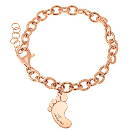 Name Bracelet with Baby Foot & Link Chain in 18K Rose Gold Plating