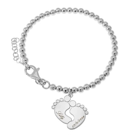 Baby Feet Name Bracelet with Beaded Chain in 925 Sterling Silver