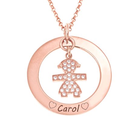 Circle Necklace for Mom with CZ Girl in 18K Rose Gold Plating