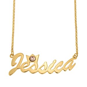 Cursive Name Necklace with Crown and Birthstone gold
