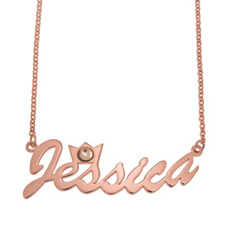 Cursive Name Necklace with Crown and Birthstone in 18K Rose Gold Plating