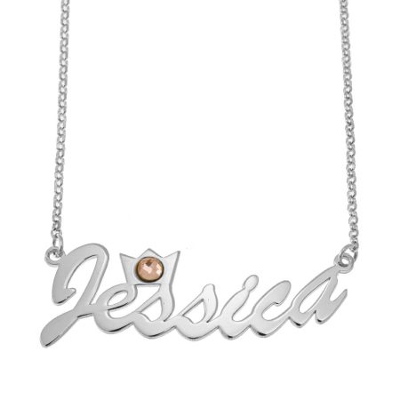 Cursive Name Necklace with Crown and Birthstone in 925 Sterling Silver