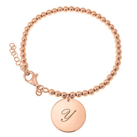 Initial Bracelet with Disc Pendant & Beaded Chain in 18K Rose Gold Plating