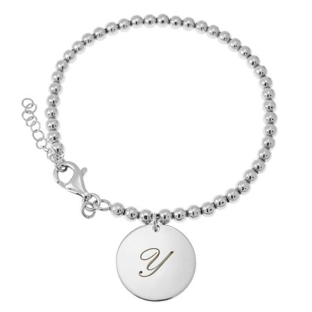 Initial Bracelet with Disc Pendant & Beaded Chain in 925 Sterling Silver