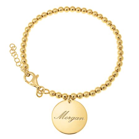 Beaded Name Bracelet with Round Disc in 18K Gold Plating