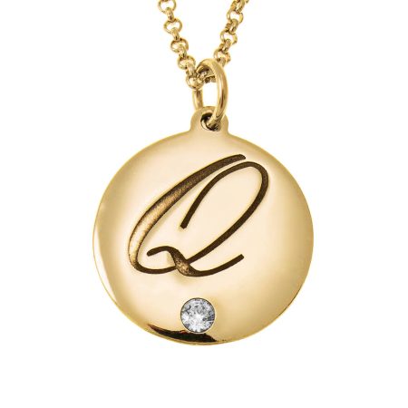 Engraved Disc Initial Necklace with Birthstone in 18K Gold Plating