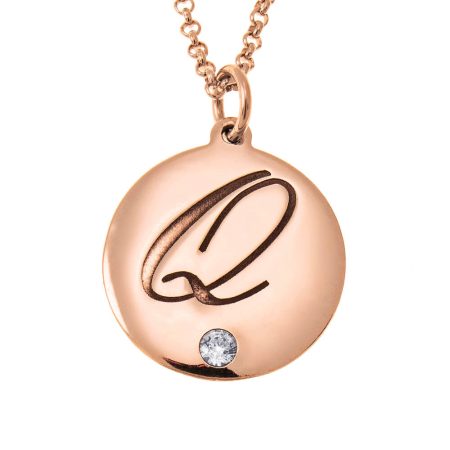 Engraved Disc Initial Necklace with Birthstone in 18K Rose Gold Plating