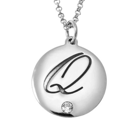 Engraved Disc Initial Necklace with Birthstone in 925 Sterling Silver