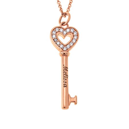 Heart and Key Necklace with CZ in 18K Rose Gold Plating