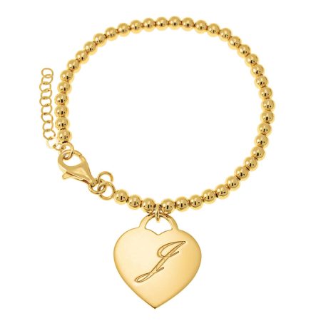 Heart Bracelet with Initial & Beaded Chain in 18K Gold Plating