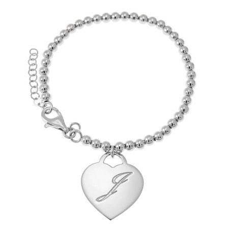 Heart Bracelet with Initial & Beaded Chain in 925 Sterling Silver